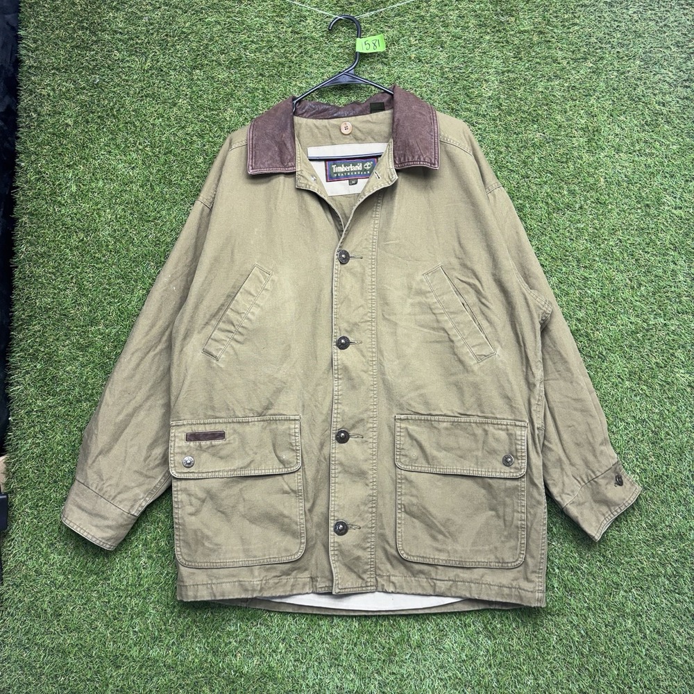Timberland Jacket Mens Medium Canvas Chore Coat Leather Trim Weathergear Vintage